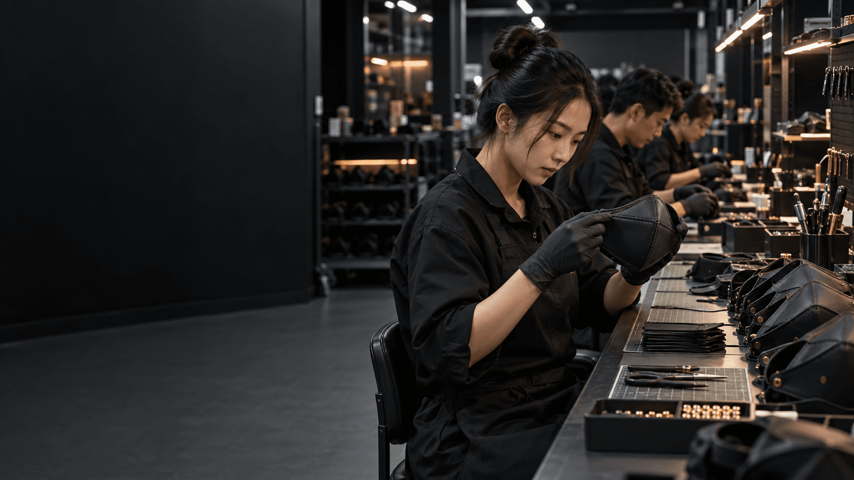 Asian technician inspecting a custom mask at a Shenzhen factory workbench