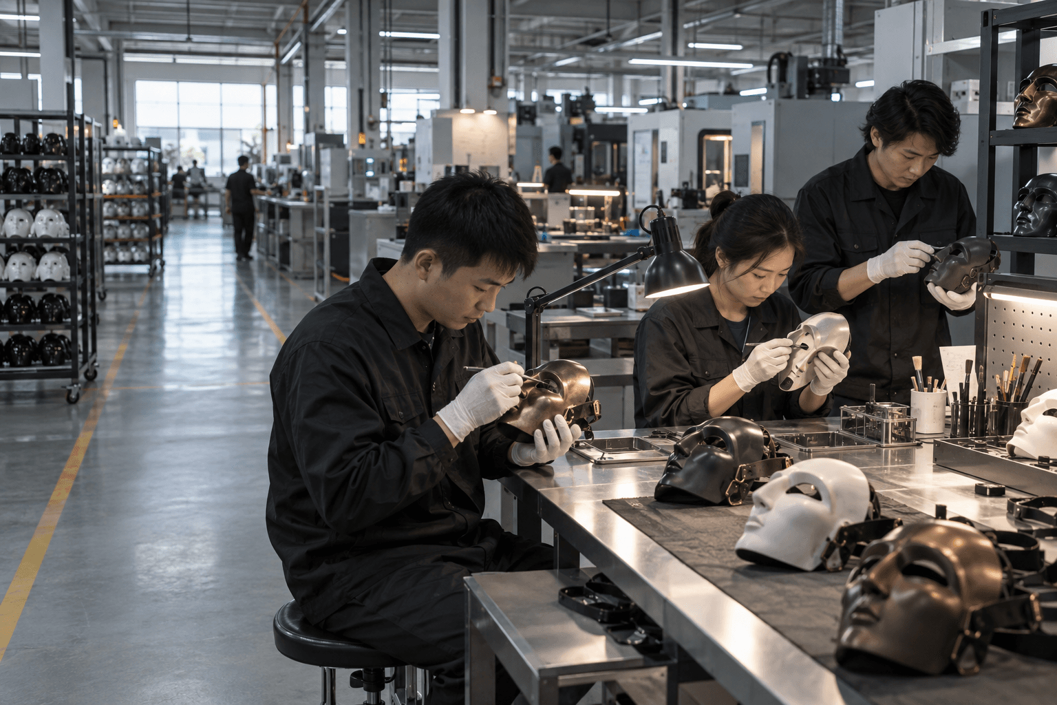 Technicians checking detailed custom masks during factory inspection