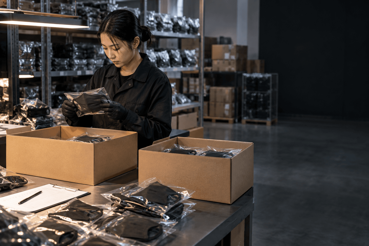 Custom masks being checked and packed into protective export cartons